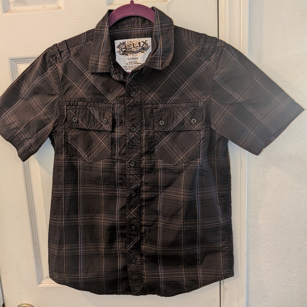Helix Boys' Dark Brown Plaid Button Down Shirt - Picture 1 of 3